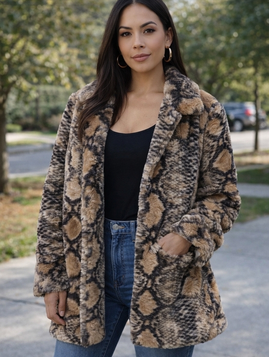 Democracy Jackets & Blazers - Democracy Faux Fur Snake-Print Teddy Coat in Brown and Black